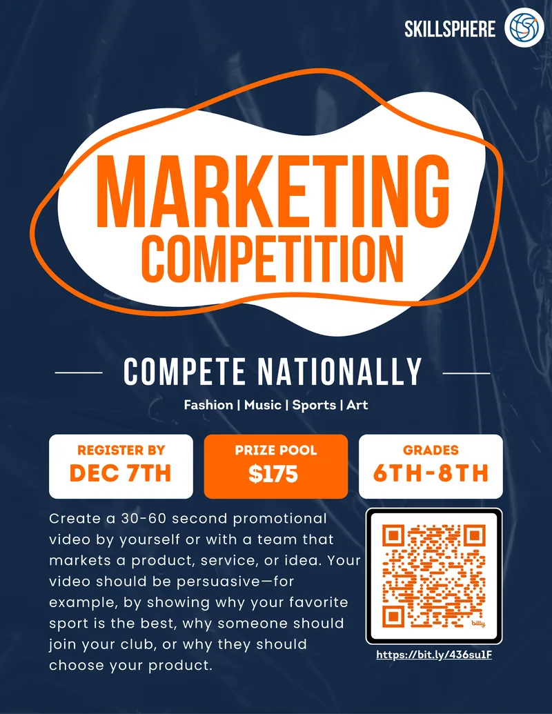 Flyer for the SkillSphere marketing competition: compete nationally, grades 6 to 8, $175 prize pool.