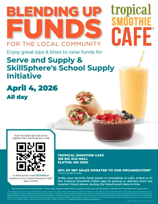 Tropical Smoothie Cafe fundraiser flyer for Serve and Supply and SkillSphere, April 2026.