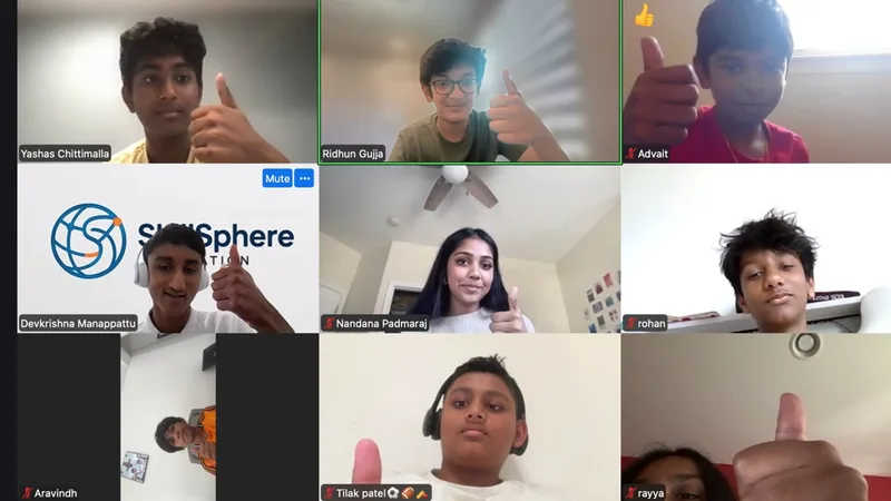 A Zoom grid of SkillSphere team members and students giving a thumbs up at the end of the Marketing Foundations workshop.
